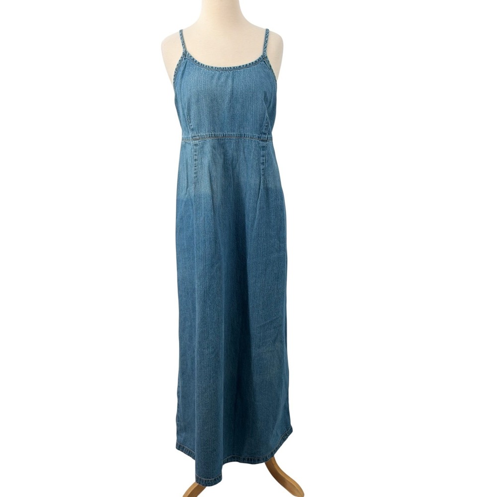 Motherhood Maternity Denim Maxi Dress Blue Cotton Empire Waist Sleeveless Large